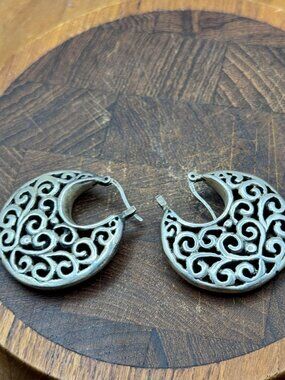 Vintage Sterling Silver Openwork Swirl Design Hoop Earrings For Women 15.19g 1 1